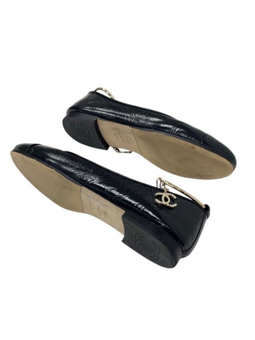 Chanel Flat Shoes Leather Black Gold Ballet Ballerina Coco Mark Pearl - Picture 6 of 10